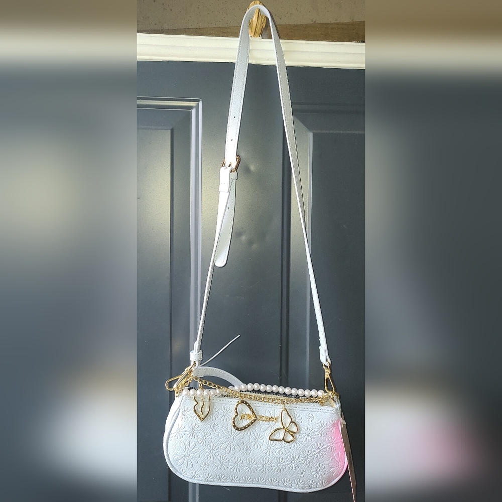 Blue Floral Embossed Crossbody Bag with Gold Charm Accents